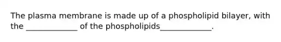 The plasma membrane is made up of a phospholipid bilayer, with the _____________ of the phospholipids_____________.