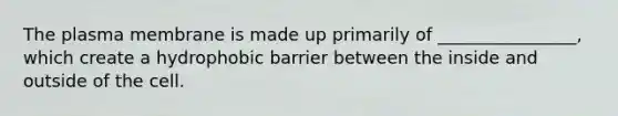 The plasma membrane is made up primarily of ________________, which create a hydrophobic barrier between the inside and outside of the cell.