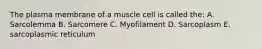 The plasma membrane of a muscle cell is called the: A. Sarcolemma B. Sarcomere C. Myofilament D. Sarcoplasm E. sarcoplasmic reticulum