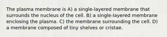 The plasma membrane is A) a single-layered membrane that surrounds the nucleus of the cell. B) a single-layered membrane enclosing the plasma. C) the membrane surrounding the cell. D) a membrane composed of tiny shelves or cristae.