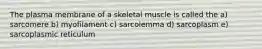 The plasma membrane of a skeletal muscle is called the a) sarcomere b) myofilament c) sarcolemma d) sarcoplasm e) sarcoplasmic reticulum