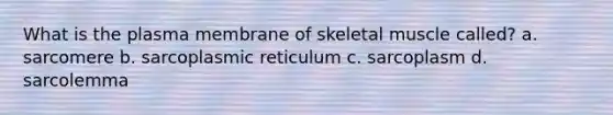 What is the plasma membrane of skeletal muscle called? a. sarcomere b. sarcoplasmic reticulum c. sarcoplasm d. sarcolemma