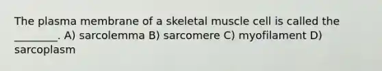 The plasma membrane of a skeletal muscle cell is called the ________. A) sarcolemma B) sarcomere C) myofilament D) sarcoplasm