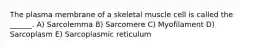 The plasma membrane of a skeletal muscle cell is called the ______. A) Sarcolemma B) Sarcomere C) Myofilament D) Sarcoplasm E) Sarcoplasmic reticulum