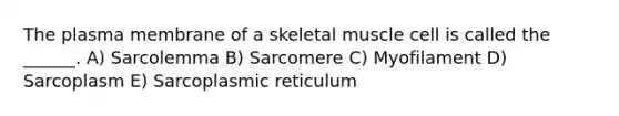 The plasma membrane of a skeletal muscle cell is called the ______. A) Sarcolemma B) Sarcomere C) Myofilament D) Sarcoplasm E) Sarcoplasmic reticulum