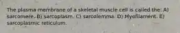 The plasma membrane of a skeletal muscle cell is called the: A) sarcomere. B) sarcoplasm. C) sarcolemma. D) Myofilament. E) sarcoplasmic reticulum.