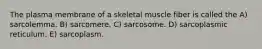 The plasma membrane of a skeletal muscle fiber is called the A) sarcolemma. B) sarcomere. C) sarcosome. D) sarcoplasmic reticulum. E) sarcoplasm.