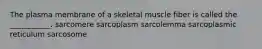 The plasma membrane of a skeletal muscle fiber is called the ___________. sarcomere sarcoplasm sarcolemma sarcoplasmic reticulum sarcosome