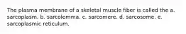 The plasma membrane of a skeletal muscle fiber is called the a. sarcoplasm. b. sarcolemma. c. sarcomere. d. sarcosome. e. sarcoplasmic reticulum.