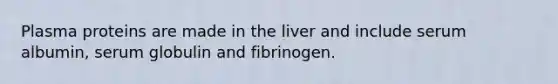 Plasma proteins are made in the liver and include serum albumin, serum globulin and fibrinogen.