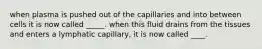 when plasma is pushed out of the capillaries and into between cells it is now called _____. when this fluid drains from the tissues and enters a lymphatic capillary, it is now called ____.