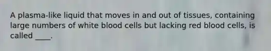 A plasma-like liquid that moves in and out of tissues, containing large numbers of white blood cells but lacking red blood cells, is called ____.