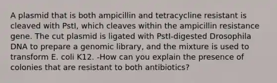 A plasmid that is both ampicillin and tetracycline resistant is cleaved with PstI, which cleaves within the ampicillin resistance gene. The cut plasmid is ligated with PstI-digested Drosophila DNA to prepare a genomic library, and the mixture is used to transform E. coli K12. -How can you explain the presence of colonies that are resistant to both antibiotics?