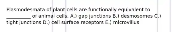 Plasmodesmata of plant cells are functionally equivalent to __________ of animal cells. A.) gap junctions B.) desmosomes C.) tight junctions D.) cell surface receptors E.) microvillus