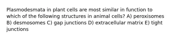 Plasmodesmata in plant cells are most similar in function to which of the following structures in animal cells? A) peroxisomes B) desmosomes C) gap junctions D) extracellular matrix E) tight junctions