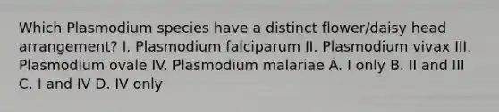 Which Plasmodium species have a distinct flower/daisy head arrangement? I. Plasmodium falciparum II. Plasmodium vivax III. Plasmodium ovale IV. Plasmodium malariae A. I only B. II and III C. I and IV D. IV only