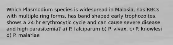 Which Plasmodium species is widespread in Malasia, has RBCs with multiple ring forms, has band shaped early trophozoites, shows a 24-hr erythrocytic cycle and can cause severe disease and high parasitemia? a) P. falciparum b) P. vivax. c) P. knowlesi d) P. malariae