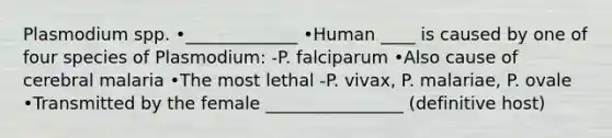 Plasmodium spp. •_____________ •Human ____ is caused by one of four species of Plasmodium: -P. falciparum •Also cause of cerebral malaria •The most lethal -P. vivax, P. malariae, P. ovale •Transmitted by the female ________________ (definitive host)