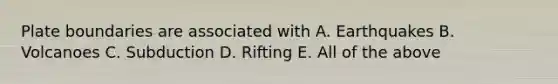 Plate boundaries are associated with A. Earthquakes B. Volcanoes C. Subduction D. Rifting E. All of the above