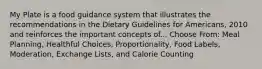 My Plate is a food guidance system that illustrates the recommendations in the Dietary Guidelines for Americans, 2010 and reinforces the important concepts of... Choose From: Meal Planning, Healthful Choices, Proportionality, Food Labels, Moderation, Exchange Lists, and Calorie Counting