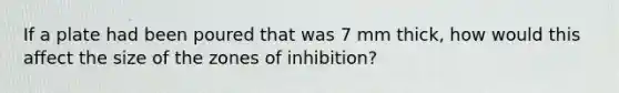 If a plate had been poured that was 7 mm thick, how would this affect the size of the zones of inhibition?