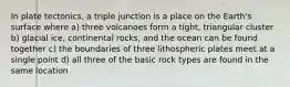 In plate tectonics, a triple junction is a place on the Earth's surface where a) three volcanoes form a tight, triangular cluster b) glacial ice, continental rocks, and the ocean can be found together c) the boundaries of three lithospheric plates meet at a single point d) all three of the basic rock types are found in the same location