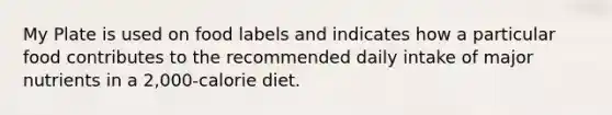 My Plate is used on food labels and indicates how a particular food contributes to the recommended daily intake of major nutrients in a 2,000-calorie diet.