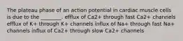 The plateau phase of an action potential in cardiac muscle cells is due to the ________. efflux of Ca2+ through fast Ca2+ channels efflux of K+ through K+ channels influx of Na+ through fast Na+ channels influx of Ca2+ through slow Ca2+ channels