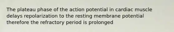 The plateau phase of the action potential in cardiac muscle delays repolarization to the resting membrane potential therefore the refractory period is prolonged