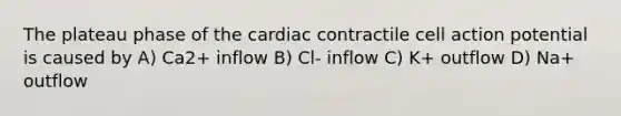 The plateau phase of the cardiac contractile cell action potential is caused by A) Ca2+ inflow B) Cl- inflow C) K+ outflow D) Na+ outflow