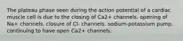 The plateau phase seen during the action potential of a cardiac muscle cell is due to the closing of Ca2+ channels. opening of Na+ channels. closure of Cl- channels. sodium-potassium pump. continuing to have open Ca2+ channels.