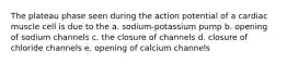 The plateau phase seen during the action potential of a cardiac muscle cell is due to the a. sodium-potassium pump b. opening of sodium channels c. the closure of channels d. closure of chloride channels e. opening of calcium channels