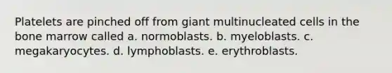 Platelets are pinched off from giant multinucleated cells in the bone marrow called a. normoblasts. b. myeloblasts. c. megakaryocytes. d. lymphoblasts. e. erythroblasts.