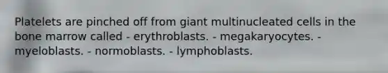 Platelets are pinched off from giant multinucleated cells in the bone marrow called - erythroblasts. - megakaryocytes. - myeloblasts. - normoblasts. - lymphoblasts.