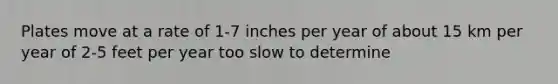 Plates move at a rate of 1-7 inches per year of about 15 km per year of 2-5 feet per year too slow to determine