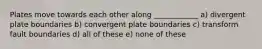 Plates move towards each other along ____________ a) divergent plate boundaries b) convergent plate boundaries c) transform fault boundaries d) all of these e) none of these