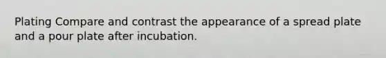 Plating Compare and contrast the appearance of a spread plate and a pour plate after incubation.
