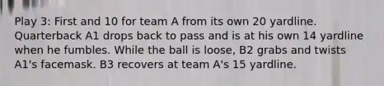 Play 3: First and 10 for team A from its own 20 yardline. Quarterback A1 drops back to pass and is at his own 14 yardline when he fumbles. While the ball is loose, B2 grabs and twists A1's facemask. B3 recovers at team A's 15 yardline.