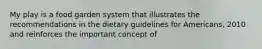 My play is a food garden system that illustrates the recommendations in the dietary guidelines for Americans, 2010 and reinforces the important concept of