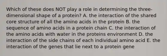 Which of these does NOT play a role in determining the three-dimensional shape of a protein? A. the interaction of the shared core structure of all the amino acids in the protein B. the sequence of amino acids in a protein chain C. the interaction of the amino acids with water in the proteins environment D. the interaction of the side chains of each individual amino acid E. the interaction of the genes that lie next to a protein gene