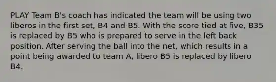 PLAY Team B's coach has indicated the team will be using two liberos in the first set, B4 and B5. With the score tied at five, B35 is replaced by B5 who is prepared to serve in the left back position. After serving the ball into the net, which results in a point being awarded to team A, libero B5 is replaced by libero B4.