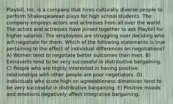 Playbill, Inc. is a company that hires culturally diverse people to perform Shakespearean plays for high school students. The company employs actors and actresses from all over the world. The actors and actresses have joined together to ask Playbill for higher salaries. The employees are struggling over deciding who will negotiate for them. Which of the following statements is true pertaining to the effect of individual differences on negotiations? A) Women tend to negotiate better outcomes than men. B) Extraverts tend to be very successful in distributive bargaining. C) People who are highly interested in having positive relationships with other people are poor negotiators. D) Individuals who score high on agreeableness dimension tend to be very successful in distributive bargaining. E) Positive moods and emotions negatively affect integrative bargaining.