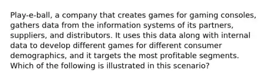 Play-e-ball, a company that creates games for gaming consoles, gathers data from the information systems of its partners, suppliers, and distributors. It uses this data along with internal data to develop different games for different consumer demographics, and it targets the most profitable segments. Which of the following is illustrated in this scenario?