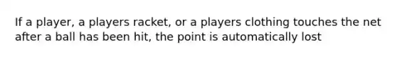 If a player, a players racket, or a players clothing touches the net after a ball has been hit, the point is automatically lost