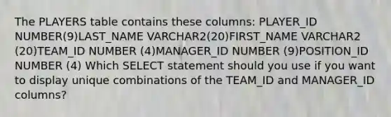 The PLAYERS table contains these columns: PLAYER_ID NUMBER(9)LAST_NAME VARCHAR2(20)FIRST_NAME VARCHAR2 (20)TEAM_ID NUMBER (4)MANAGER_ID NUMBER (9)POSITION_ID NUMBER (4) Which SELECT statement should you use if you want to display unique combinations of the TEAM_ID and MANAGER_ID columns?