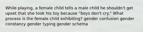 While playing, a female child tells a male child he shouldn't get upset that she took his toy because "boys don't cry." What process is the female child exhibiting? gender confusion gender constancy gender typing gender schema