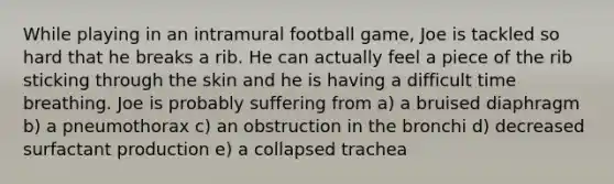 While playing in an intramural football game, Joe is tackled so hard that he breaks a rib. He can actually feel a piece of the rib sticking through the skin and he is having a difficult time breathing. Joe is probably suffering from a) a bruised diaphragm b) a pneumothorax c) an obstruction in the bronchi d) decreased surfactant production e) a collapsed trachea