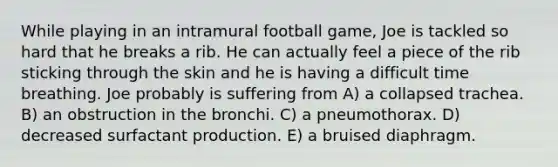 While playing in an intramural football game, Joe is tackled so hard that he breaks a rib. He can actually feel a piece of the rib sticking through the skin and he is having a difficult time breathing. Joe probably is suffering from A) a collapsed trachea. B) an obstruction in the bronchi. C) a pneumothorax. D) decreased surfactant production. E) a bruised diaphragm.