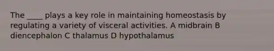 The ____ plays a key role in maintaining homeostasis by regulating a variety of visceral activities. A midbrain B diencephalon C thalamus D hypothalamus