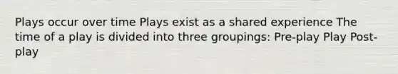 Plays occur over time Plays exist as a shared experience The time of a play is divided into three groupings: Pre-play Play Post-play